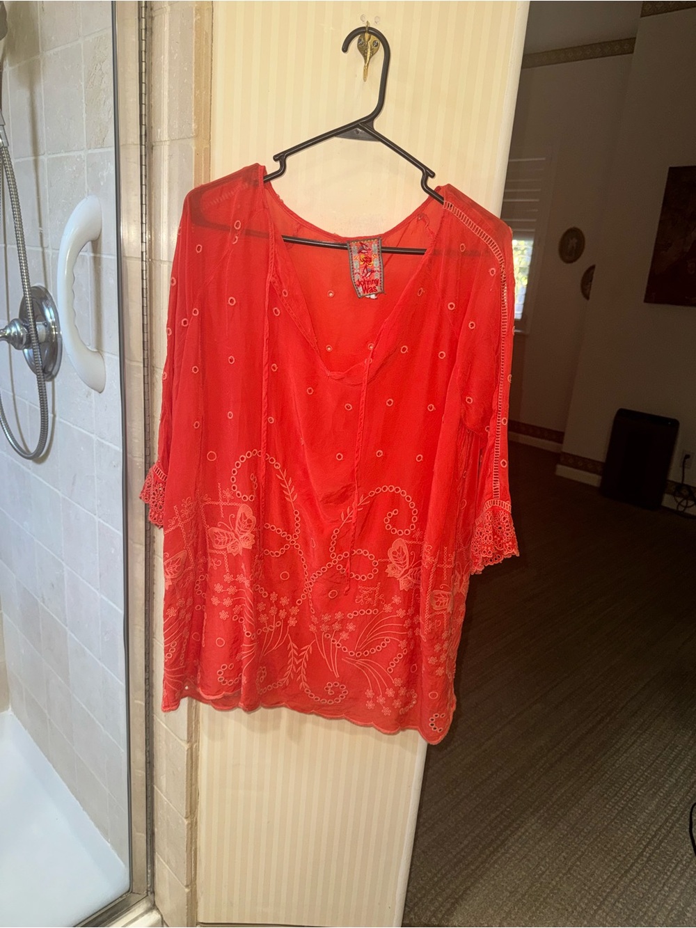 Johnny Was Coral Red Embroidered Peasant Blouse
